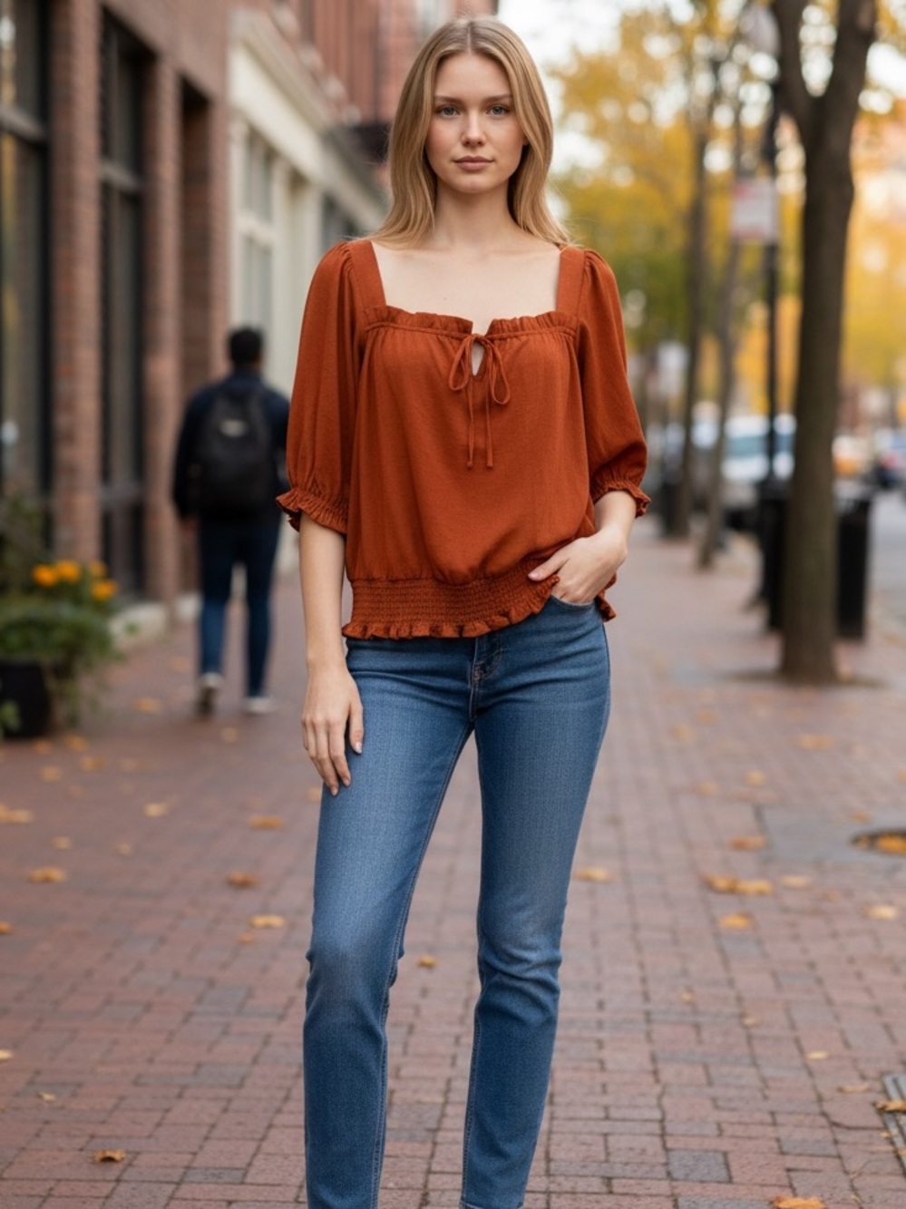 NWT ANN TAYLOR BURNT ORANGE RUST COLORED SQUARE TIE NECK ELASTIC WAIST TOP LARGE